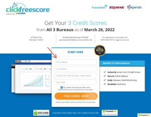 Click Free Credit Score - $1 Trial (US) landing page